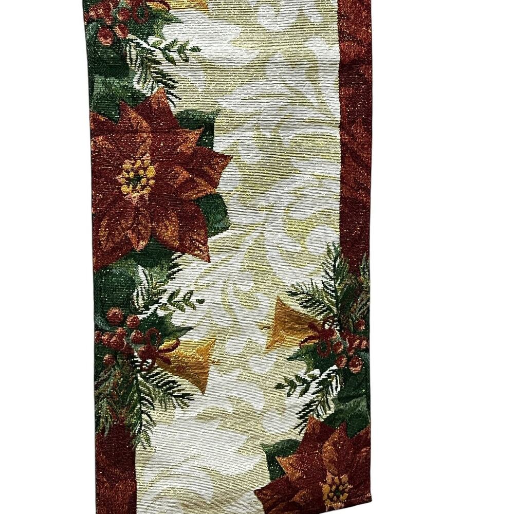 Vintage Tapestry Christmas Gold Bell Red Poinsettia Table Runner Decor 14"x71"
